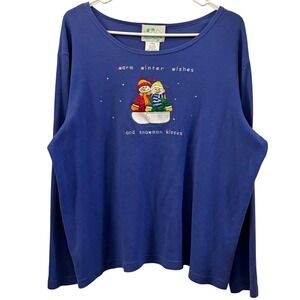 Quaker Factory Vintage Womens Large Blue Long Sleeve Snowman T Shirt Top Festive